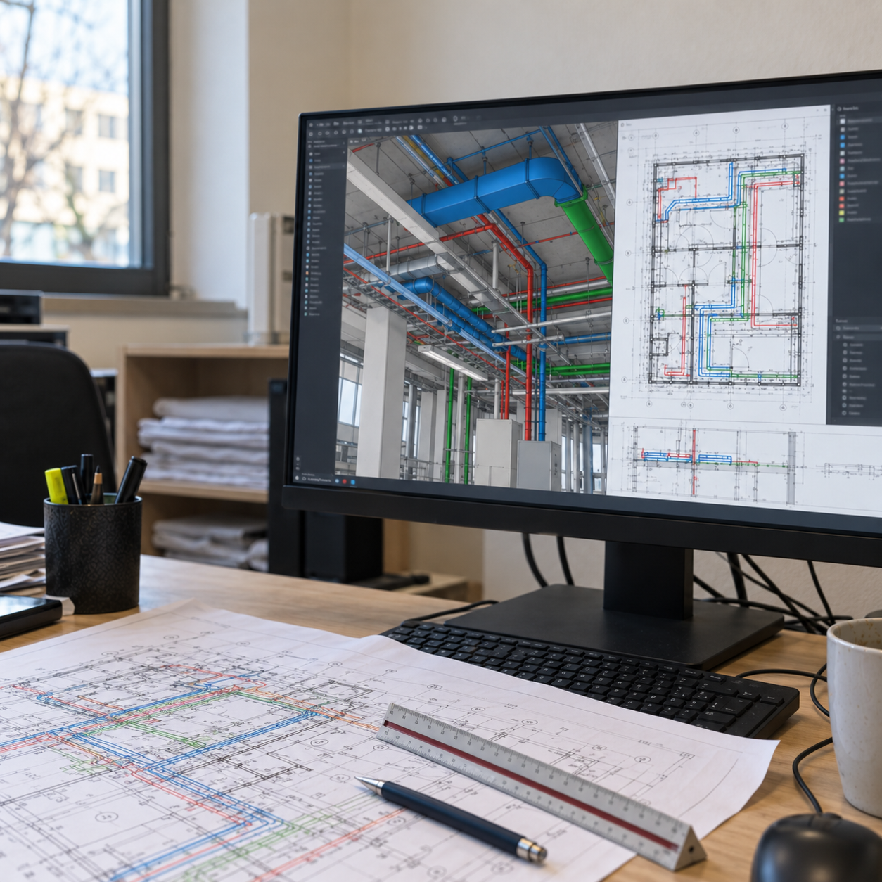 BIM-Modell und TGA-Planzeichnung am Arbeitsplatz